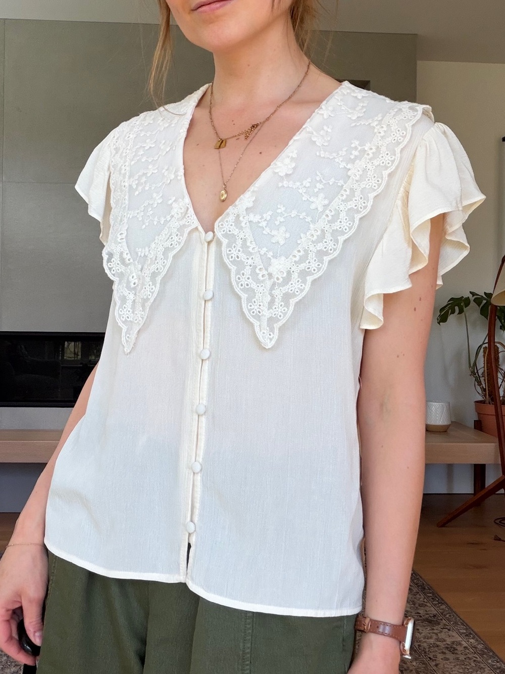 Zara Cream Lace Collar Button-Front Blouse
